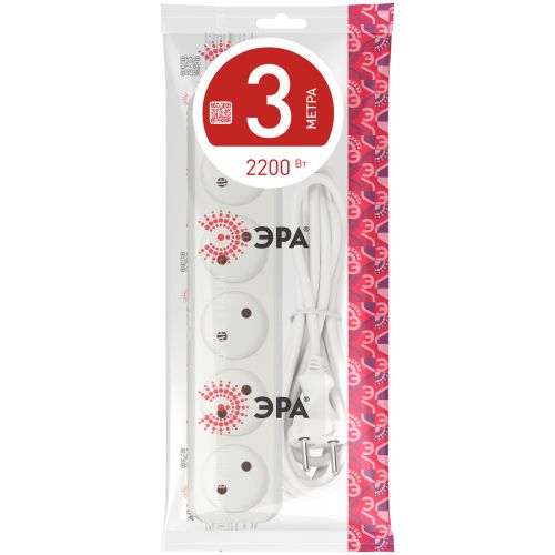 Удлинитель 5х3м без заземл. 10А IP20 U-5-3m-2х1 ПВС 2х1 Эра Б0028364