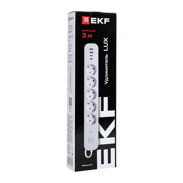 Удлинитель 5х3м IP20 2USB 2.4А+2type-C LUX 1.5кв.мм EKF UBA-LUX-503-TC