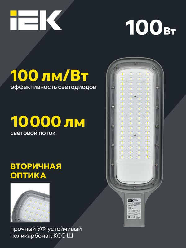 Светильник светодиодный ДКУ 1012-100Ш 5000К IP65 уличный консольный сер. IEK LDKU1-1012-100-5000-K03