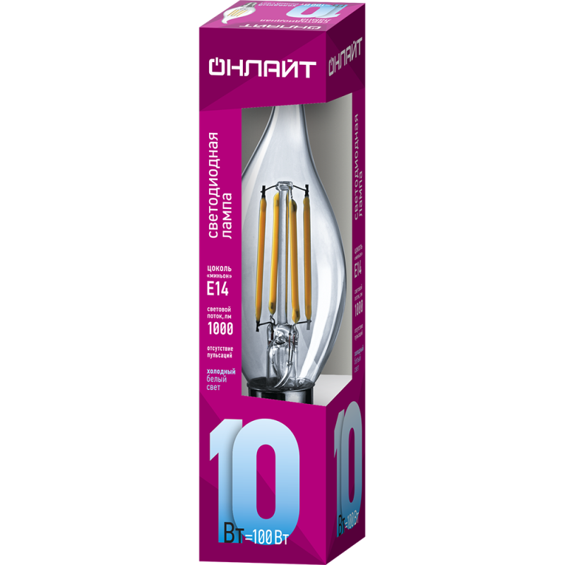 Лампа светодиодная филаментная 80 899 OLL-F-FC35-10-230-4K-E14 10Вт свеча на ветру прозрачная 4000К нейтр. бел. E14 1000лм 220-240В ОНЛАЙТ 80899