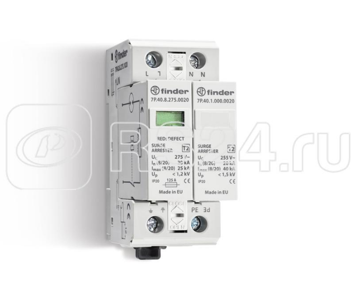 Устройство защиты от импульсных перенапряжений УЗИП тип 2 (1 варистор/разрядник + 1 разрядник) FINDER 7P4282751020