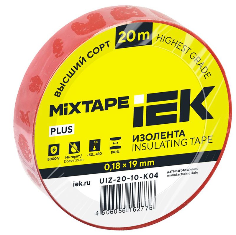 Изолента ПВХ 0.18х19мм красн. (рул.20м) IEK UIZ-20-10-K04
