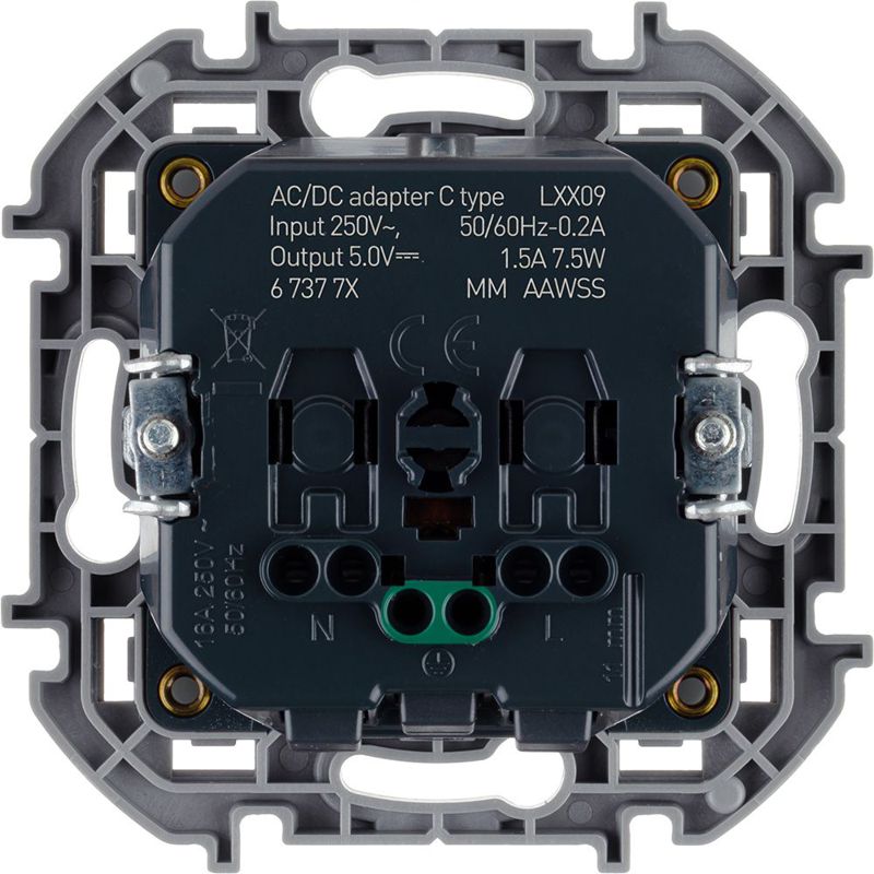 Розетка 1-м СП Inspiria 16А IP20 250В 2P+E немецк. стандарт с заряд. устройством USB тип C 1.5А 5В механизм антрацит IEK 673773